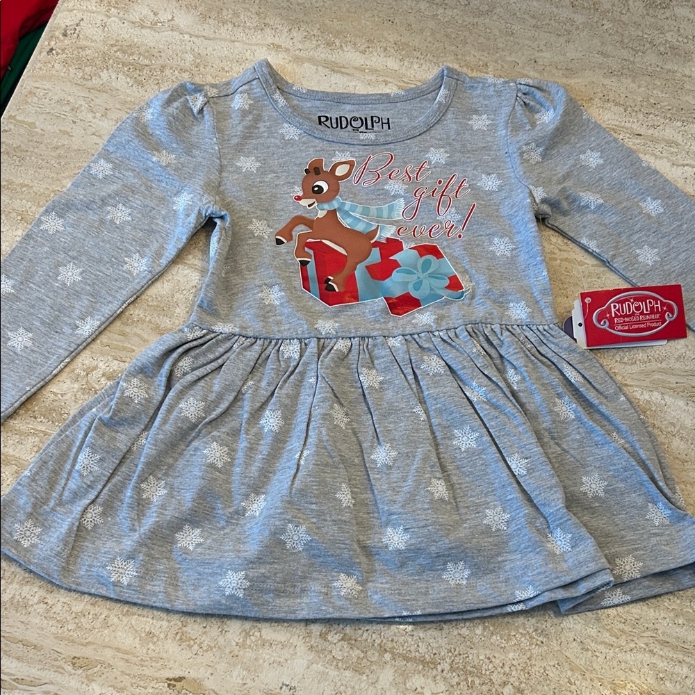 NEW 🆕 Christmas Rudolph Gray Long Sleeve Dress 3T